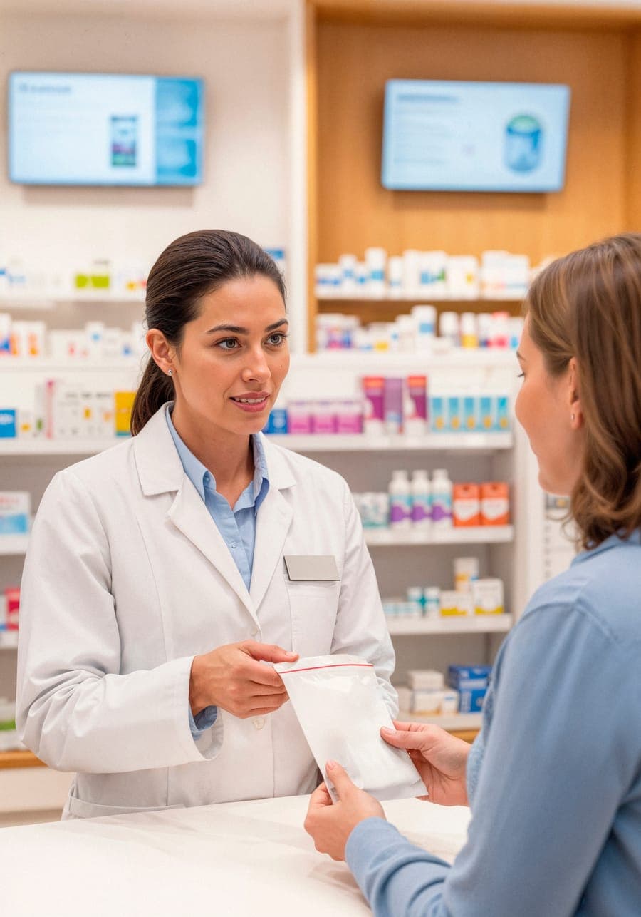 An Alamo pharmacist handing a prescription to a patient at the counter